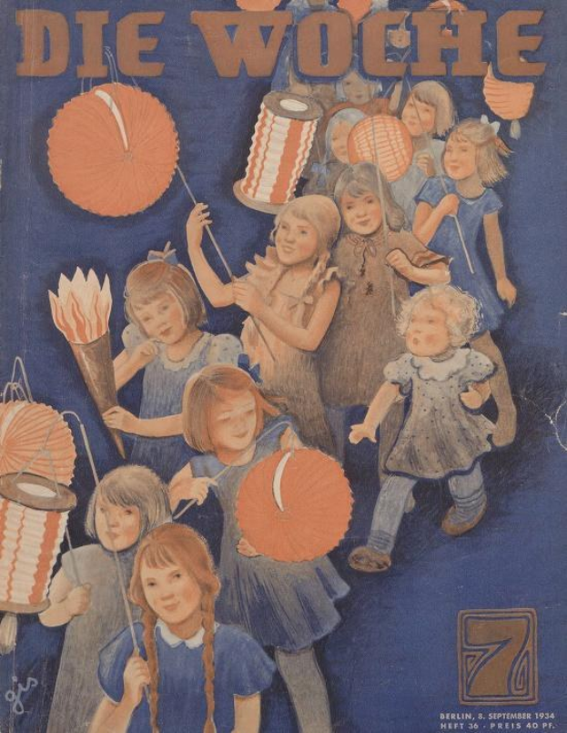 Titelbild der 'Die Woche' Zeitschrift mit Kindern in traditioneller deutscher Kleidung, die bunte Papierlaternen halten und den 7. September 1934 feiern, mit dem Text 'Die Woche' und 'Frohes neues Jahr.'