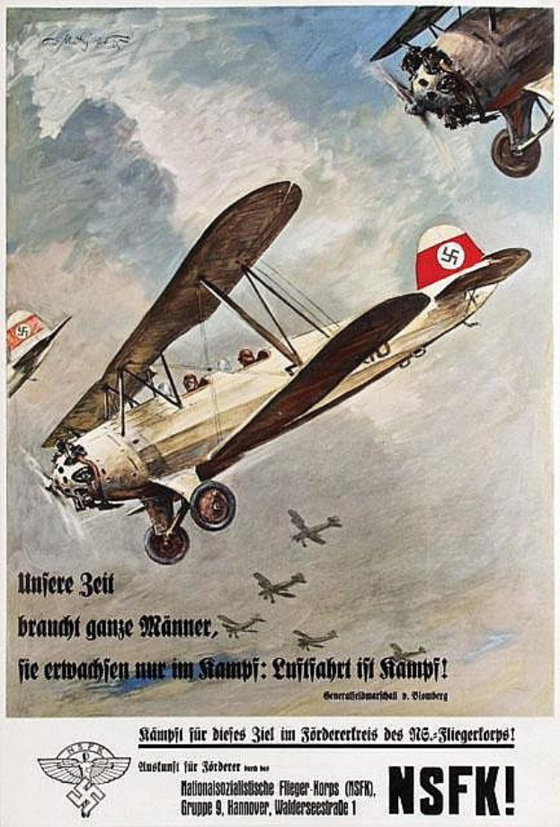 Deutsches Weltkriegs-Propagandaplakat mit einer Formation von Jagdflugzeugen im Flug mit begleitendem Text.