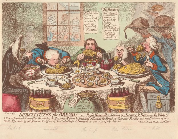 Cartoon-Illustration einer Gruppe von Menschen, die um einen Tisch mit Tellern, Schüsseln, Gläsern, Flaschen und Lebensmitteln sitzen, vor einer Wand mit einem Fenster und Text unten.