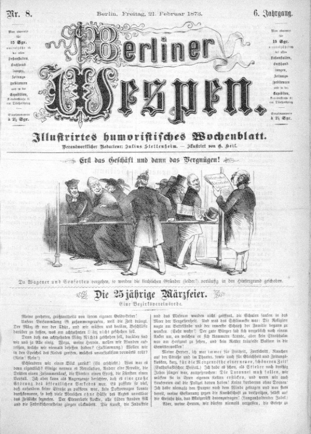 Alte deutsche Zeitung "Berliner Wespen" vom 21. Februar 1873 mit einer Gruppe von Menschen in traditioneller deutscher Tracht, die sich unterhalten, mit deutscher Schrift, die wahrscheinlich das Ereignis beschreibt.