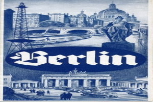 Plakat, das Berlin, Deutschland, mit einer Statue, Gebäuden, einem Turm, Menschen, Fahrzeugen auf einer Straße und einer Brücke sowie Text, der Stadtinformationen bereitstellt, bewirbt.