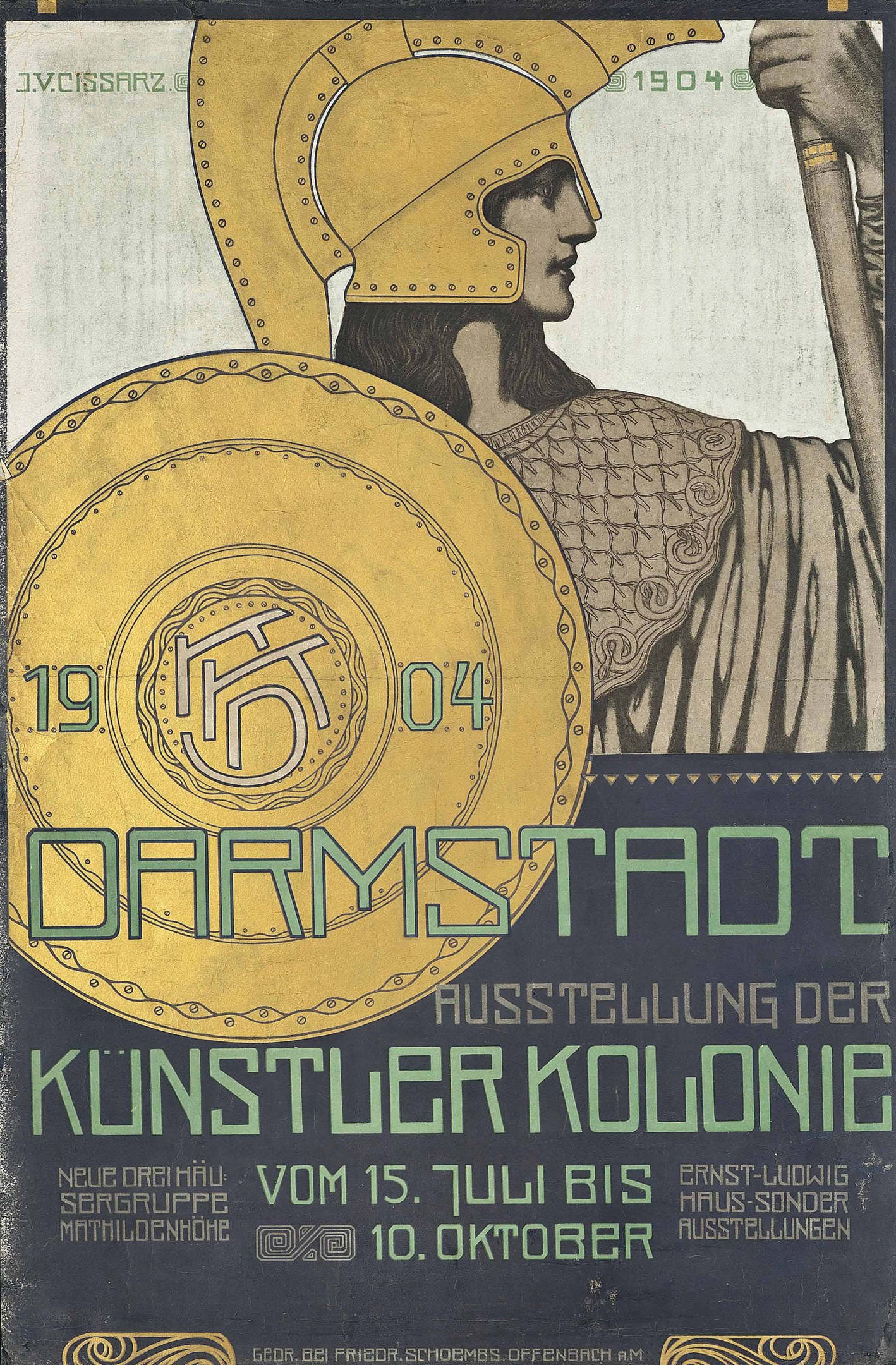 Plakat für ein Berliner Konzert im Jahr 1904, das eine Helme tragende Figur zeigt, die ein Schild mit 'Darmstadt' und 'Künstler Kolonie' in fetter Schrift hält.
