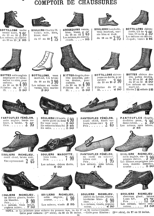 Eine Buchseite mit verschiedenen Damenschuhen mit einzigartigen Designs, Preisschildern und Informationen zur Größe, Form und Farbe, die ordentlich angeordnet sind.