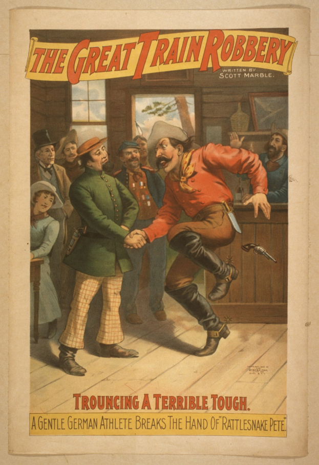 Plakat für "The Great Train Robbery", das eine Gruppe von Menschen zeigt, von denen einer eine Waffe hält, ein Fenster und eine Wand im Hintergrund und den Text "The Great Train Robbery - Trouching a Terrible Tough" oben und unten.