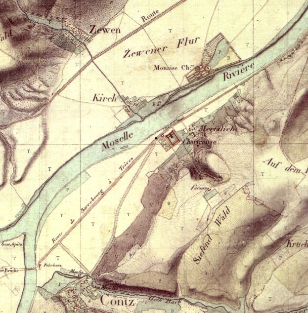 Ein detaillierter alter Stadtplan von Mosel, Deutschland, der Straßen, Gebäude und einen Fluss zeigt, der durch die Stadt verläuft, mit Textinformationen zur Stadtgröße, -lage und -geschichte.