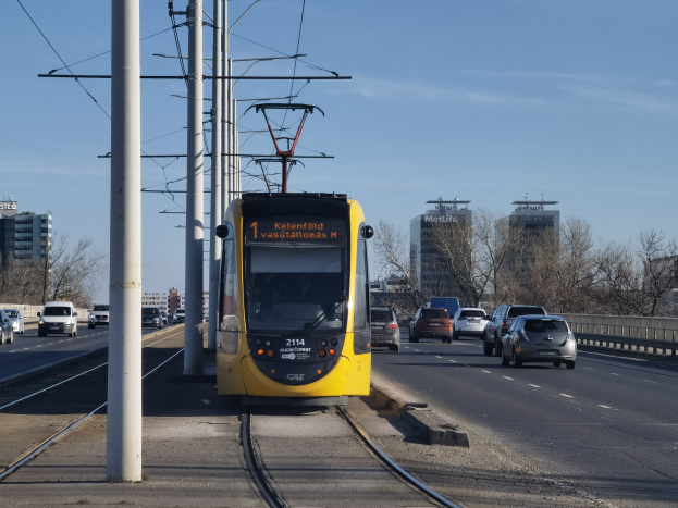 Eine gelbe Straßenbahn fährt auf einer von Autos befahrenen Stadtstraße mit Oberleitungen und Masten, gesäumt von Bäumen und Gebäuden unter einem klaren blauen Himmel.