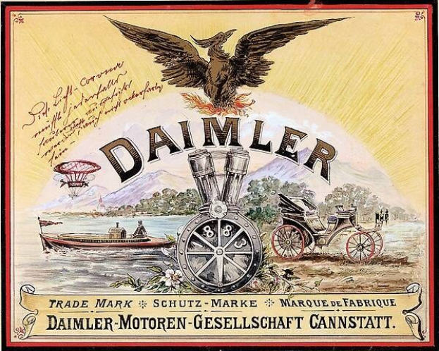 Plakat mit einer Kutsche, einem Boot auf dem Wasser, Bäumen, Bergen und einem Adler, mit der Aufschrift "daimler motor-motoren-gesellschaft cannstatt".