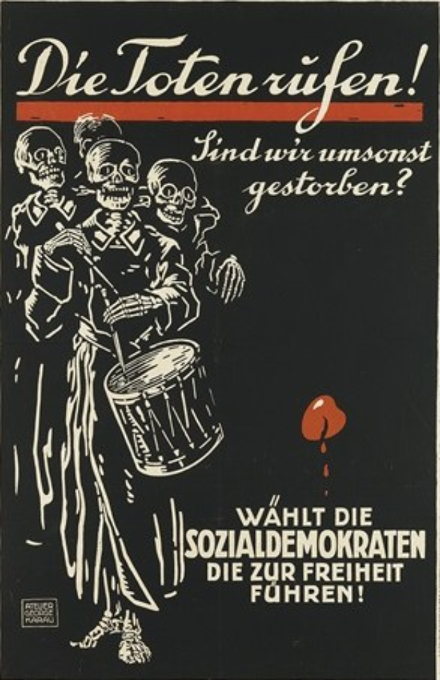 Schwarzer Hintergrundplakat mit einer Gruppe von Menschen, die Trommeln spielen und deutscher Text, der Unterstützung für die Sozialdemokraten fordert.