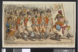 Eine Gruppe von Männern in Militäruniformen marschiert auf einer Straße, einer hält einen Stock in der Hand, mit Text unten: 'Ergänzender Militärdienst, Ausmarsch für zwanzig Tage Vergnügen'.