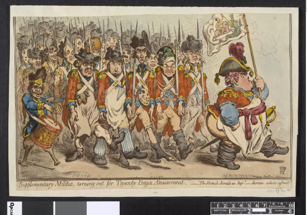 Eine Gruppe von Männern in Militäruniformen marschiert auf einer Straße, einer hält einen Stock in der Hand, mit Text unten: 'Ergänzender Militärdienst, Ausmarsch für zwanzig Tage Vergnügen'.