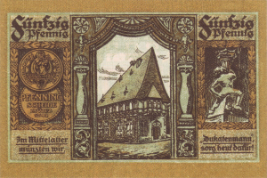 Alte deutsche Banknote mit einer zentralen Abbildung eines Gebäudes, das von Text umgeben ist.