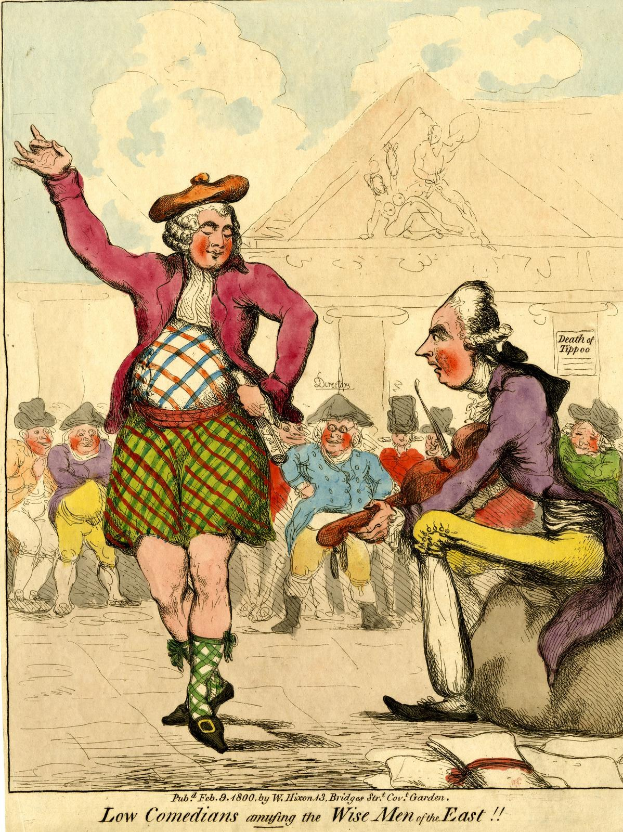 Karikatur eines Mannes in einem Kilt und einer Frau in einem Kleid, die vor einem Gebäude unter einem bewölkten Himmel für eine Menge auftreten, mit Text unten, der 'Niedrige Komiker, die die weisen Männer des Ostens unterhalten' lautet.