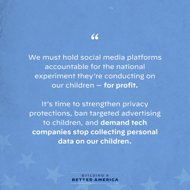 Plakat mit einem Zitat aus "Building a Better America", das soziale Medienplattformen für Experimente an Kindern zu Geldzwecken kritisiert, dekoriert mit Sternen.