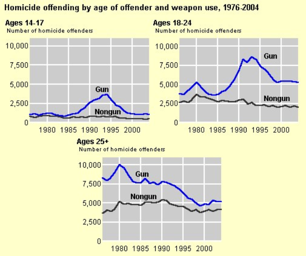 Grafik, die die Homicid-Offending-Rates nach Alter des Täters und Waffengebrauch von 1976 bis 2004 zeigt, mit begleitendem erklärendem Text.