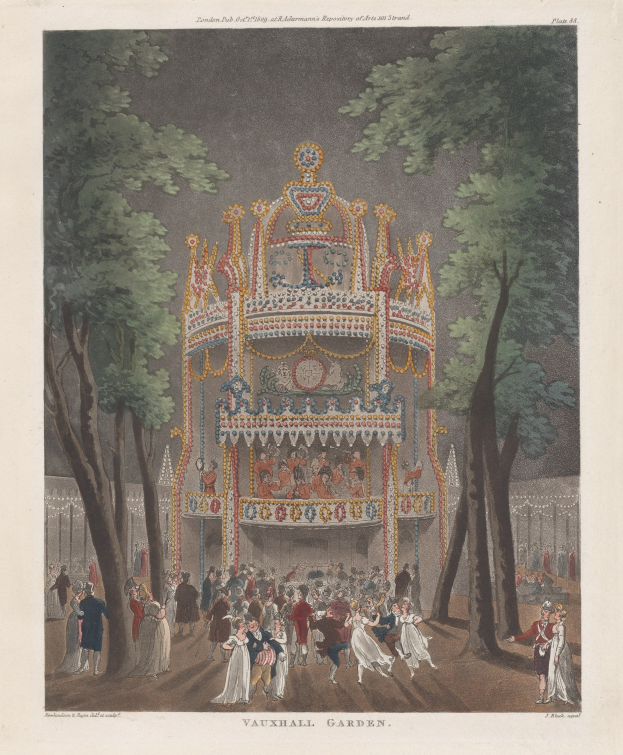Gemälde einer Karussell in Vauxhall Gardens, London, 1775, umgeben von Bäumen und Menschen, mit Text unten lesbar "Vauxhall Gardens, London, 1775".