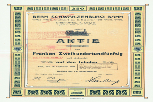 Ein altes Aktienzertifikat der deutschen Regierung Bern-Schwarzenburg-Bahn, das Text und eine Illustration eines Zugs enthält.