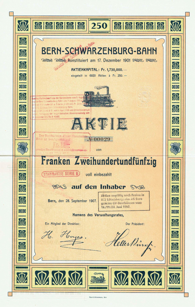 Ein altes Aktienzertifikat der deutschen Regierung Bern-Schwarzenburg-Bahn, das Text und eine Illustration eines Zugs enthält.