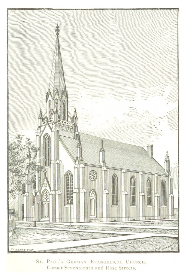 Eine Zeichnung der deutsch-evangelischen St. Pauluskirche mit einem Baum im Vordergrund und einem klaren blauen Himmel im Hintergrund, mit Text am unteren Rand des Bildes.