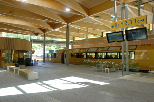 Ein belebter Bahnhof mit einem Zug auf den Schienen, umgeben von Bänken, Tischen, Pfählen, Schildern, Lichtern und Bäumen und voller Menschen, die auf den Zug warten.