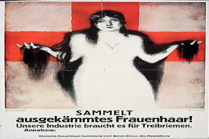 Ein deutsches Propagandaplakat mit einer Frau mit langen Haaren und Text, der Informationen über sie enthält.