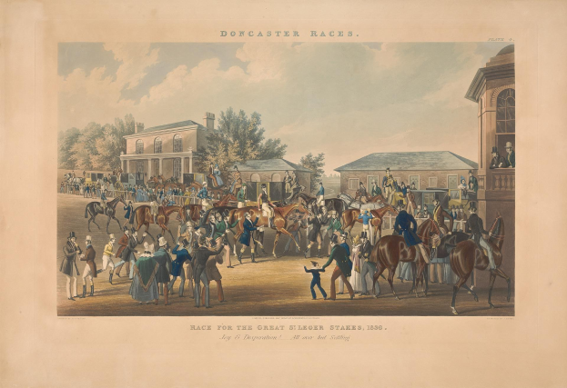 Gruppe von Menschen auf Pferden vor einem Gebäude mit Bäumen und Wolken im Hintergrund, Text unten lautet "Doncaster Races, Race for the Great Stakes, 1839".