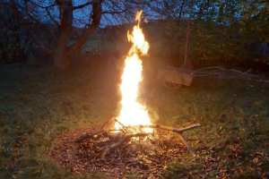 Feuer in einer grasbewachsenen Wiese in der Nacht, umgeben von trockenen Blättern und Stöcken, mit Bäumen und einem Karren im Hintergrund unter dem Himmel.