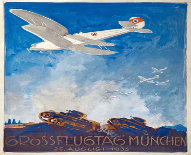 Plakat für den "Großflugtag München" am 25. August 1935, das ein Flugzeug zeigt, das durch den Himmel fliegt, mit anderen Flugzeugen im Hintergrund.