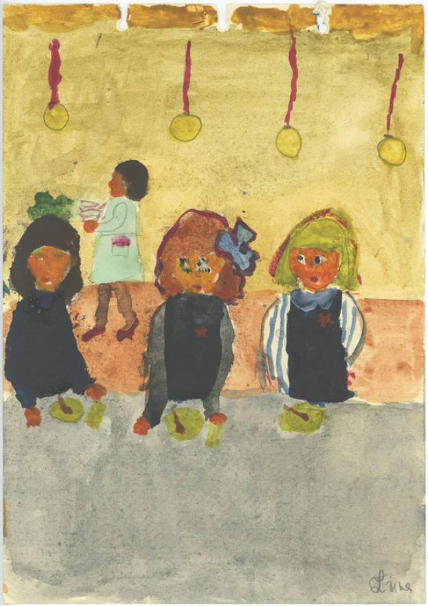 Gemälde von drei Kindern in festlicher Kleidung, die auf einer Bank sitzen und lächeln, vor einer Wand mit Weihnachtsornamenten und bunten Orchideen im Hintergrund.