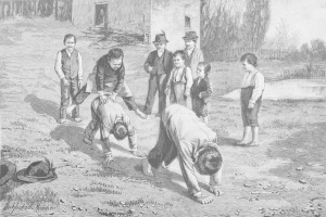 Schwarz-weißes Bild von Kindern, die auf einem Feld spielen, mit zwei Jungen, die in der Mitte kämpfen, während die anderen zusehen, ein Hut und Text links.