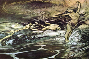 Gemälde mit dem Titel "Die Meerjungfrauen" von Arthur Rackham, das eine Meerjungfrau in einem langen Kleid mit dunklem Haar und eine Frau in einem smaragdgrünen Kleid zeigt, beide mit friedlichen Gesichtern, in einem tiefblauen Ozean mit weißschäumenden Wellen unter einer untergehenden Sonne, die ein warmes oranges Licht wirft.