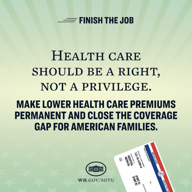 Plakat mit dem Text "Beenden Sie den Job: Gesundheit sollte ein Recht sein, nicht ein Privileg" und einer Karte mit der Aufschrift "Machen Sie niedrigere Gesundheitspreise permanent und schließen Sie die Versorgungslücke für amerikanische Familien."
