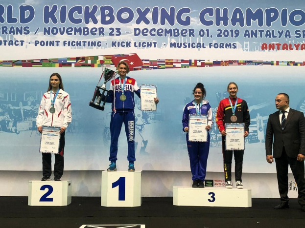 Fünf Menschen mit Trophäen und Urkunden auf einem Podium mit einem "World Kickboxing Championship Antalya 2019"-Plakat im Hintergrund.