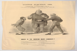 Ein Blatt mit einer Zeichnung von drei Personen, eine als Mann identifiziert, und Text, der "Exeter Election, 1868: Which is the Working Man's Candidate?" lautet