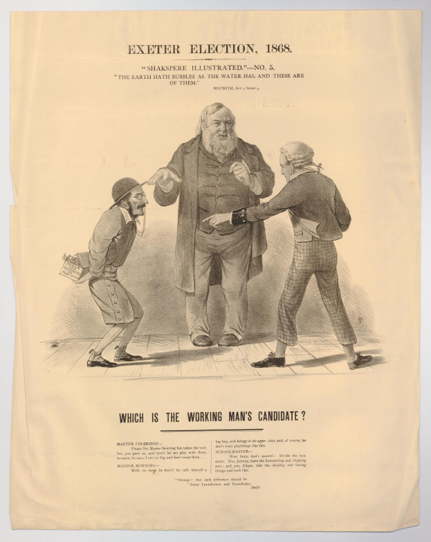 Ein Blatt mit einer Zeichnung von drei Personen, eine als Mann identifiziert, und Text, der "Exeter Election, 1868: Which is the Working Man's Candidate?" lautet