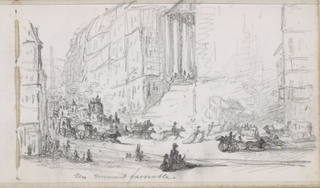 Ein detailliertes Zeichnung einer belebten Stadtstraße von Joseph Mallord William Turner, das Menschen, Fahrzeuge und Gebäude zeigt, mit Text unten.