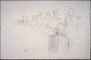 Eine Zeichnung einer Gruppe von Menschen in einer Gerichtssituation, die an einem mit Papieren bedeckten Tisch sitzen, mit einem schwarzen Rand darum herum.