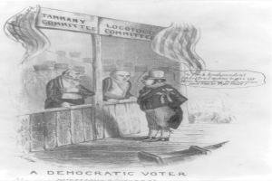 Ein Mann in einem Anzug steht selbstbewusst vor einer Tür mit der Aufschrift "Ein demokratischer Wähler" und schaut entschlossen.