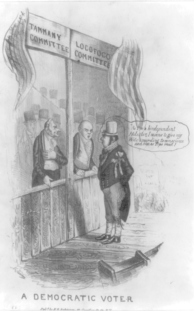 Ein Mann in einem Anzug steht selbstbewusst vor einer Tür mit der Aufschrift "Ein demokratischer Wähler" und schaut entschlossen.