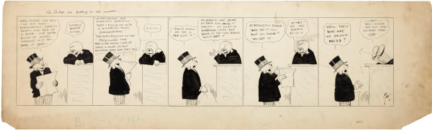 Ein Cartoon-Mann in Zylinder und eine Frau in einem Kleid sind in eine Diskussion vertieft, wobei der Mann ein Blatt Papier mit Text hält.