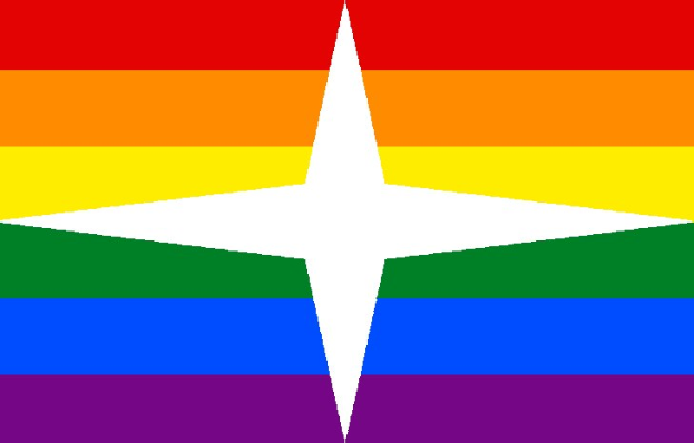 Regenbogenflagge mit einem weißen Stern in der Mitte, symbolisiert LGBT-Pride und Akzeptanz, mit horizontalen Streifen in Rot, Orange, Gelb, Grün, Blau, Lila und Rosa.