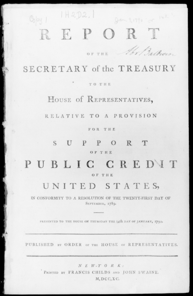 Ein Schwarz-Weiß-Bericht mit dem Titel "Der Schatzmeister des Repräsentantenhauses an den Kongress, in Bezug auf eine Bestimmung zur Unterstützung des öffentlichen Kredits der Vereinigten Staaten" mit Text, der die Einzelheiten des Berichts beschreibt.