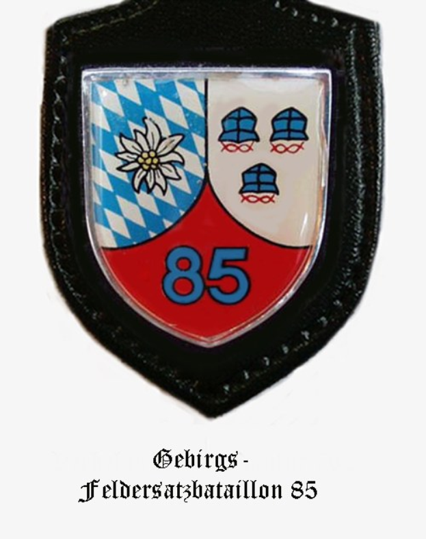 Ein runder Abzeichenaufnäher mit der Nummer 85 und deutscher Beschriftung unten, das Logo der bayerischen Fußballmannschaft darstellend.