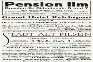 Eine alte Zeitungsanzeige für das Pensionshotel in Dresden, Deutschland, mit schwarzem Text auf weißem Hintergrund.