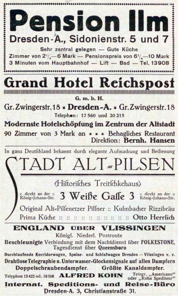 Eine alte Zeitungsanzeige für das Pensionshotel in Dresden, Deutschland, mit schwarzem Text auf weißem Hintergrund.