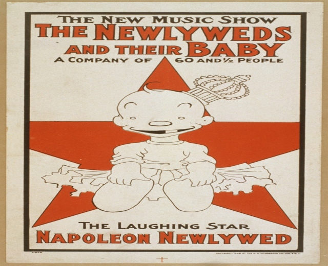 Plakat für "The New Music Show: The Newlyweds and Their Baby" mit einer Cartoon-Baby in einem wei├čen Strampler mit einer rosa Schleife, das gegen einen hellblauen Hintergrund mit verstreuten Sternen und fetter schwarzer Schrift l├Ąchelt.