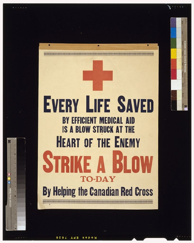 Plakat mit fettem schwarzem Text auf einem weißen Hintergrund, eingerahmt von einem roten Kreuz, der zur Unterstützung des Canadian Red Cross aufruft.