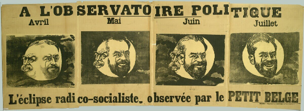 Plakatankündigung für ein politisches Ereignis namens "L'Éclipse Radio Co-Socialiste", beobachtet von "Le Petit Belge", mit Abbildungen von Menschen und Text.