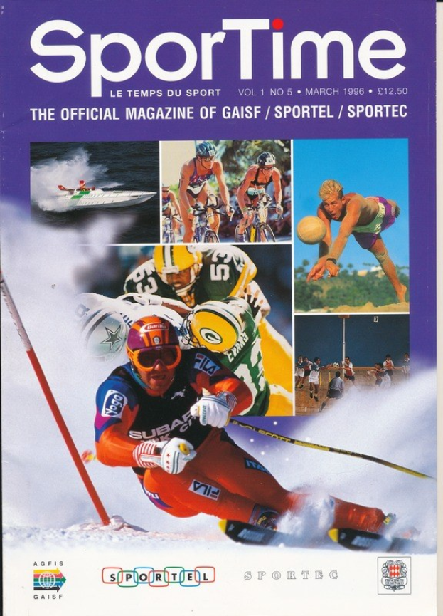 Ein Magazin-Cover mit der Aufschrift "Sporttime Magazine - März 1996" mit Bildern von Menschen beim Skifahren und Snowboarden sowie Text und Logos.