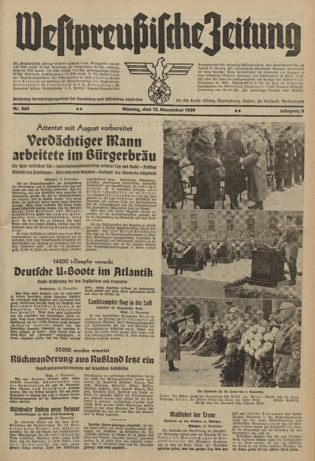 Titelseite einer deutschen Zeitung vom 13. November 1939 mit der Schlagzeile "Weitpreubliche Zeitung", die ein Foto einer Gruppe von Menschen in traditioneller deutscher Kleidung zeigt, die feierlich wirkt.