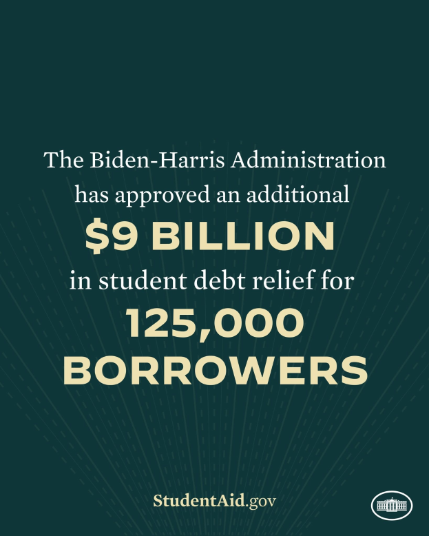 Poster announcing $9 billion in student debt relief for 125,000 borrowers under the Biden-Harris Administration with an official logo at the bottom.